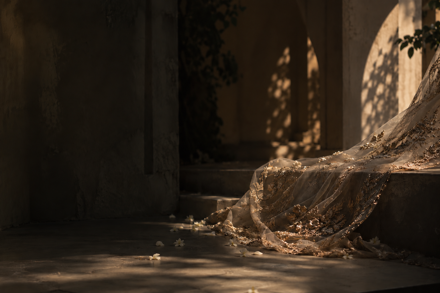 Embroidered textile arranged in a sunlit architectural courtyard